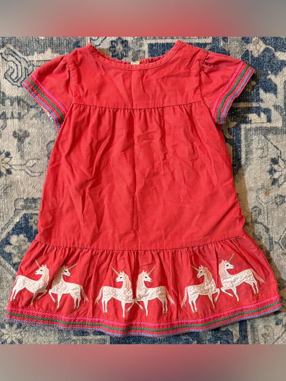 Mini Boden Red Girls Unicorn Embroidered Casual Dress